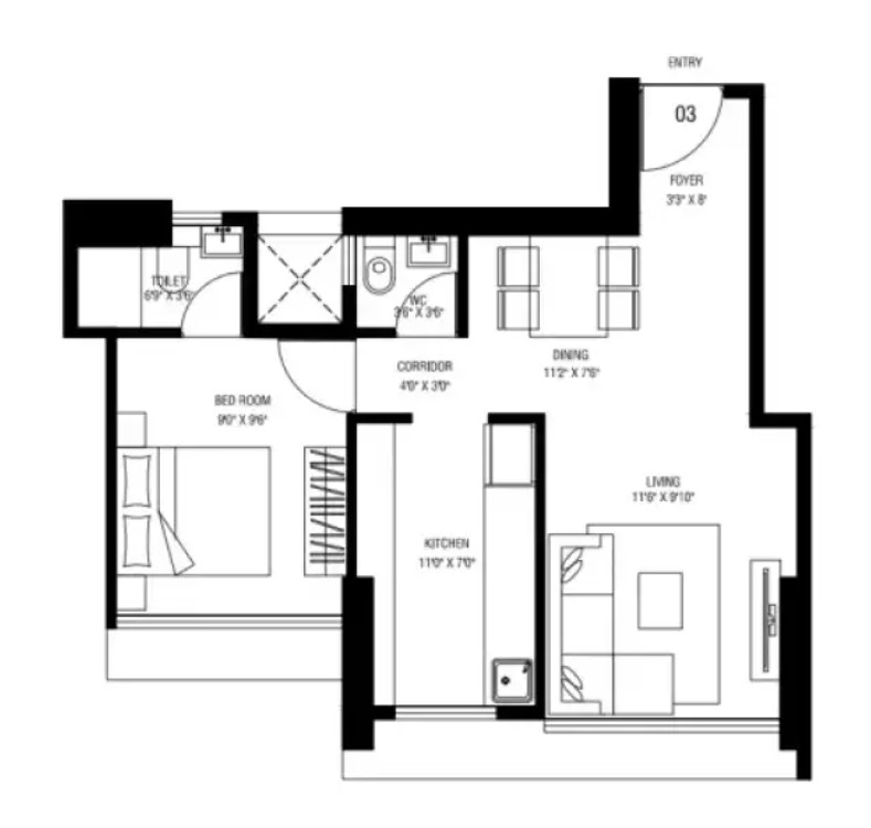 1 BHK-445 sq ft