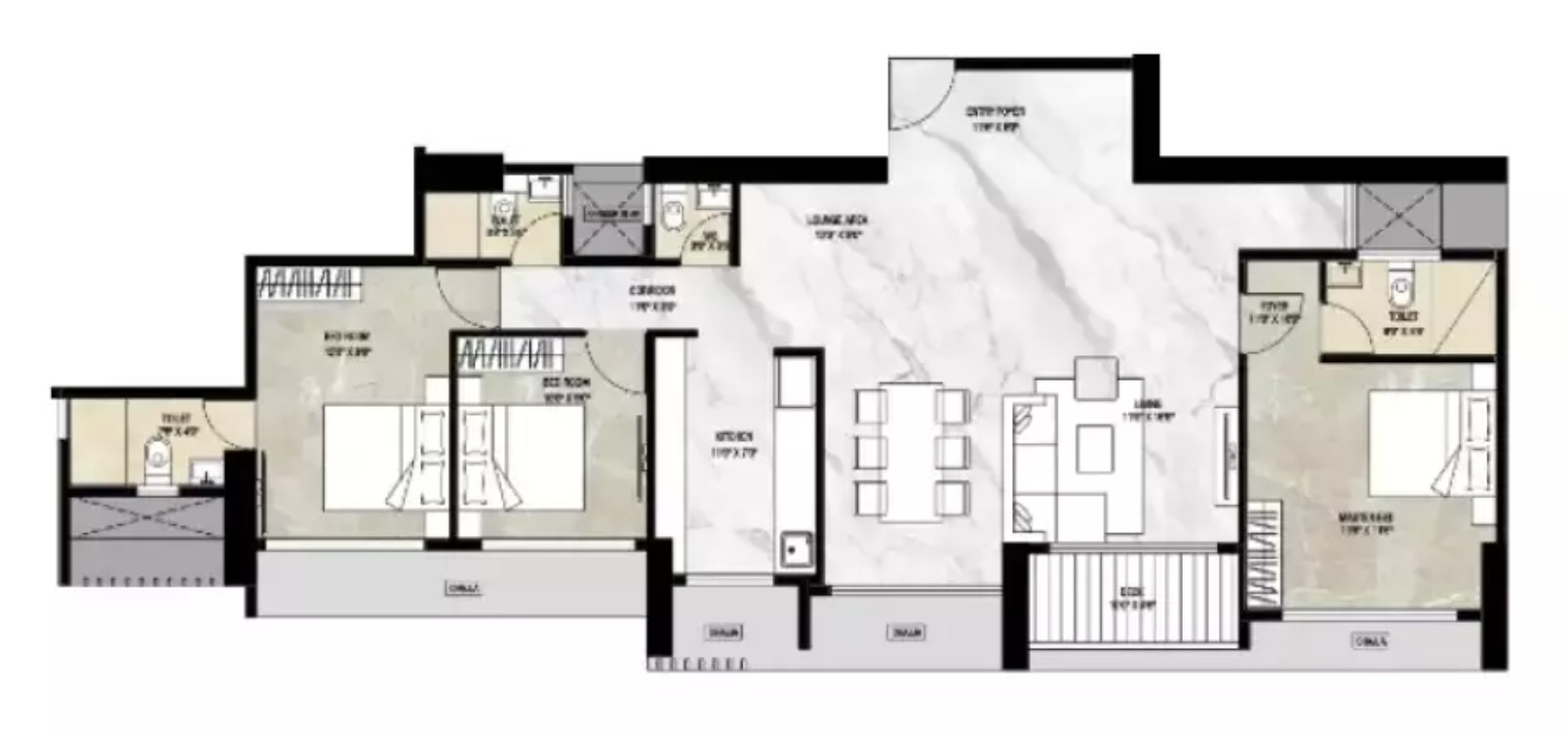 3 BHK-770 sq ft
